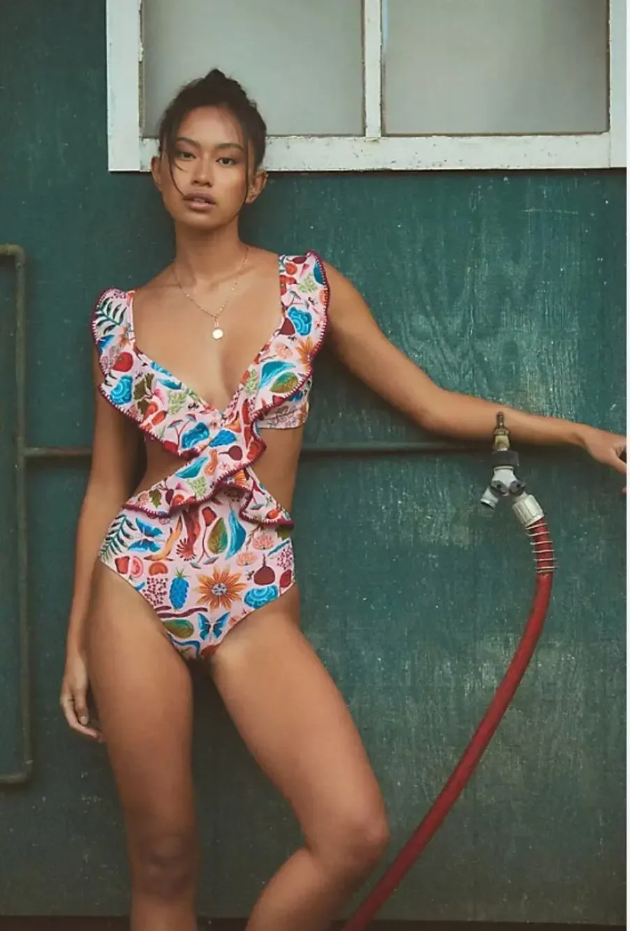 Anthropologie Farm Rio Ruffle Cutout One-Piece Swimsuit XS NEW